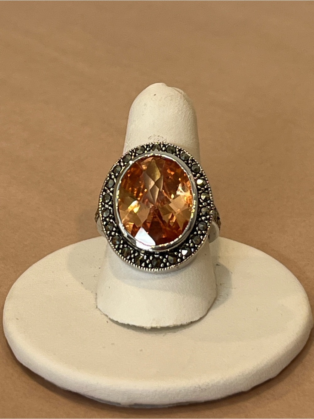 Vintage Style 925 Sterling Silver Champagne Marcasite Oval Cocktail Ring Size 7
